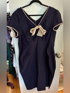Stop Staring 2X Navy Dress with Cream Trim Bow Accent